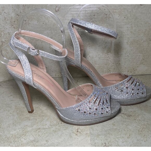 Silver Rhinestone Embellished High Showgirl Heel Sandals Ankle Strap Peep Toe - Picture 5 of 10